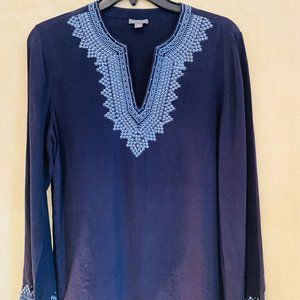 Ann Taylor Brand Dark Blue Silk Long Sleeve Silk Shirt Size Medium